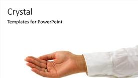  Presentation with waiter hand in white glove - Theme with reaching hand isolated on white background and a  colored foreground