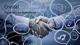  Presentation with blue handshake - Colorful slide deck enhanced with reaching higher - handshake in blue room overlayed backdrop and a teal colored foreground