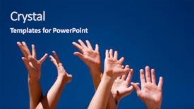  Presentation with holding people in hands - Colorful theme enhanced with reaching sky - group of people hands backdrop and a dark gray colored foreground