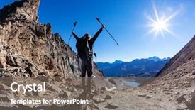  Presentation with endurance - PPT theme having reaching summit - hiker reaches a high mountain background and a gray colored foreground