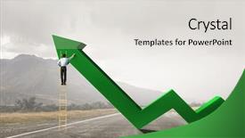  Presentation with business man climbs up to the top of 3d success stairs steps - Cool new slides with reaching the top of success backdrop and a light gray colored foreground