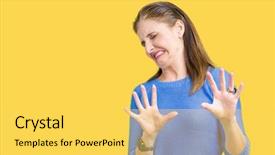  Presentation with woman hands raised to sky - Amazing PPT layouts having reactions - beautiful middle age mature woman backdrop and a yellow colored foreground