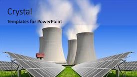  Presentation with nuclear energy - Amazing PPT theme having reactor industry - solar energy panels backdrop and a light blue colored foreground
