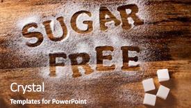  Presentation with sugar free - Slides with high angle view of a wooden table sprinkled with sugar where you can read the text sugar free and some sugar cubes background and a tawny brown colored foreground