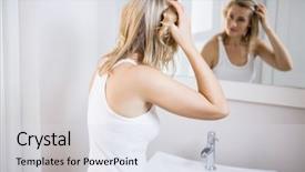  Presentation with real woman hair texture human - Beautiful theme featuring readiness check - young woman checking her hair backdrop and a light gray colored foreground