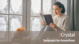  Presentation with birth jesus stained glass window - Slides having reading - beautiful young woman sitting background and a gray colored foreground