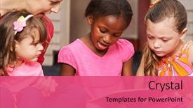  Presentation with children reading - Beautiful PPT theme featuring reading - children learning to read backdrop and a coral colored foreground