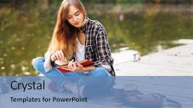  Presentation with girl reading - PPT theme enhanced with reading - young beautiful girl sitting background and a teal colored foreground