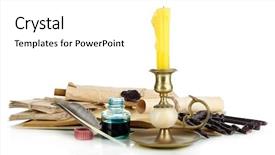  Presentation with light book - Slide deck with reading book candel light - old candleholder with candle isolated background and a white colored foreground