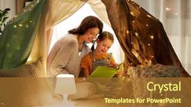  Presentation with kids reading book - PPT theme having family hygge and people concept - happy mother and little daughter reading book in kids tent at night at home background and a red colored foreground