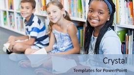  Presentation with kids reading book - PPT theme having reading book in library background and a light blue colored foreground