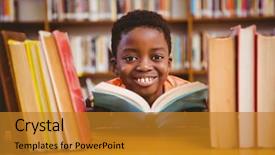  Presentation with library - Presentation theme featuring reading book in the library background and a gold colored foreground