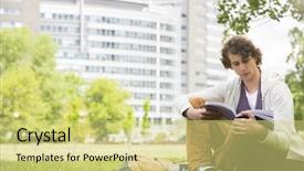  Presentation with college campus - Audience pleasing PPT theme consisting of reading book on college campus backdrop and a  colored foreground
