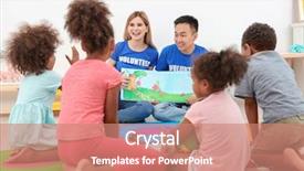  Presentation with children reading - Beautiful slide deck featuring reading book with little children backdrop and a coral colored foreground