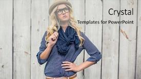  Presentation with wooden - Cool new slide deck with reading glasses - day dreaming trendy blonde holding backdrop and a light gray colored foreground