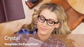  Presentation with wooden floor and gold frame - Amazing PPT theme having reading glasses - gorgeous smiling blonde hipster using backdrop and a coral colored foreground