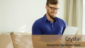  Presentation with tablet - Colorful slide set enhanced with reading glasses - handsome man using tablet pc backdrop and a coral colored foreground