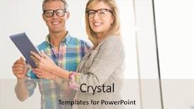  Presentation with design team - Slide set with reading glasses - portrait of smiling creative design background and a soft green colored foreground