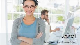  Presentation with camera - Cool new theme with reading glasses - young attractive designer smiling backdrop and a light blue colored foreground