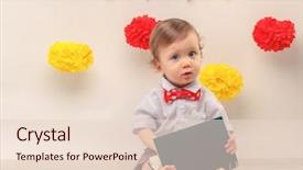  Presentation with baby book - Cool new presentation design with reading human caracter - cute baby boy looking backdrop and a lemonade colored foreground