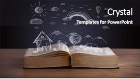  Presentation with book wide open - Colorful PPT theme enhanced with reading human caracter - open book with hand drawn backdrop and a  colored foreground