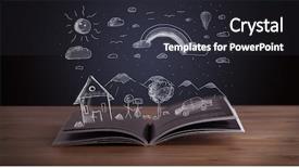  Presentation with open book - Slide set having reading human caracter - open book with hand drawn background and a  colored foreground