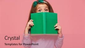  Presentation with book wide open - PPT layouts with reading interesting book with eye background and a coral colored foreground