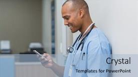 Presentation with male nurse - Slide set enhanced with reading message at mobile phone background and a light blue colored foreground