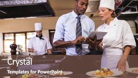  Presentation with hotel kitchen - Beautiful presentation featuring reading skills - male manager and female chef backdrop and a violet colored foreground