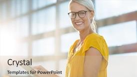  Presentation with using digital tablet - Slide deck featuring reading skills - portrait of business executive using background and a soft green colored foreground