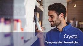  Presentation with hair dresser - Colorful presentation enhanced with reading skills - smiling male hair dresser selecting backdrop and a ocean colored foreground