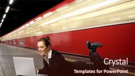  Presentation with laptop - PPT theme featuring reading technology - business woman using laptop background and a wine colored foreground