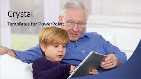 Presentation with electronic - Beautiful presentation featuring reading technology - grandpa with little boy using backdrop and a soft green colored foreground
