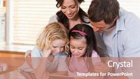  Presentation with computer - PPT layouts with reading technology - happy family using a tablet background and a  colored foreground