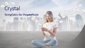  Presentation with sms - Audience pleasing PPT theme consisting of reading technology - smiling woman sending sms backdrop and a sky blue colored foreground