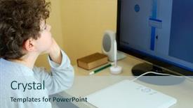  Presentation with computer - Colorful PPT theme enhanced with reading writing - boy using computer at home backdrop and a sky blue colored foreground