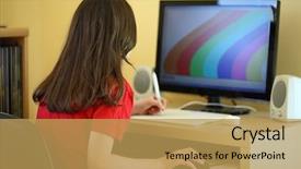  Presentation with cheerful stylish city girl using - Theme consisting of reading writing - girl using computer at home background and a  colored foreground