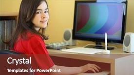  Presentation with cheerful stylish city girl using - Slides with reading writing - girl using computer at home background and a  colored foreground