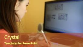  Presentation with computer - Theme featuring reading writing - girl using computer at home background and a  colored foreground