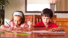  Presentation with children doing kids gym - PPT theme consisting of reading writing funny - children doing homework at home background and a red colored foreground