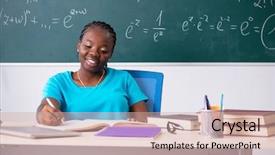  Presentation with black female - Presentation design enhanced with reading writing math - black female student in front background and a  colored foreground
