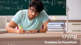  Presentation with student - Slide set featuring reading writing math - young male student mathematician background and a coral colored foreground