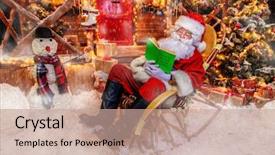  Presentation with santa claus holding scroll paper - Audience pleasing PPT theme consisting of reads a book with children backdrop and a coral colored foreground