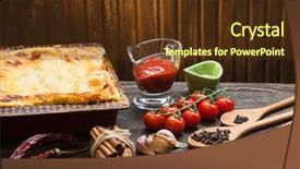  Presentation with ready - Cool new PPT theme with ready lasagna and its ingredient on a wooden table backdrop and a tawny brown colored foreground