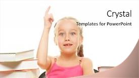  Presentation with question - Theme enhanced with questions answers funny - little schoolgirl raised her hand background and a  colored foreground