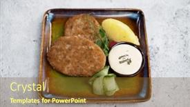  Presentation with food delivery - PPT theme featuring ready-made-food-set-meat background and a tawny brown colored foreground