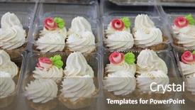  Presentation with factory - Audience pleasing slides consisting of ready mini cakes on factory backdrop and a violet colored foreground