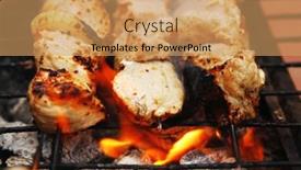  Presentation with charcoal - Amazing presentation theme having ready to eat smoked fresh hot grilled chicken shish kebab barbecue on grid over charcoal backdrop and a coral colored foreground