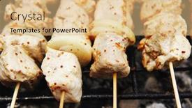  Presentation with charcoal - Presentation design with ready to eat smoked fresh hot grilled chicken shish kebab barbecue on grid over charcoal background and a coral colored foreground