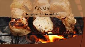  Presentation with charcoal - Cool new presentation theme with ready to eat smoked fresh hot grilled chicken shish kebab barbecue on grid over charcoal backdrop and a coral colored foreground